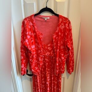 Cabi Jitney Brushstroke Red and Pink Cardigan and Maxi Dress Set